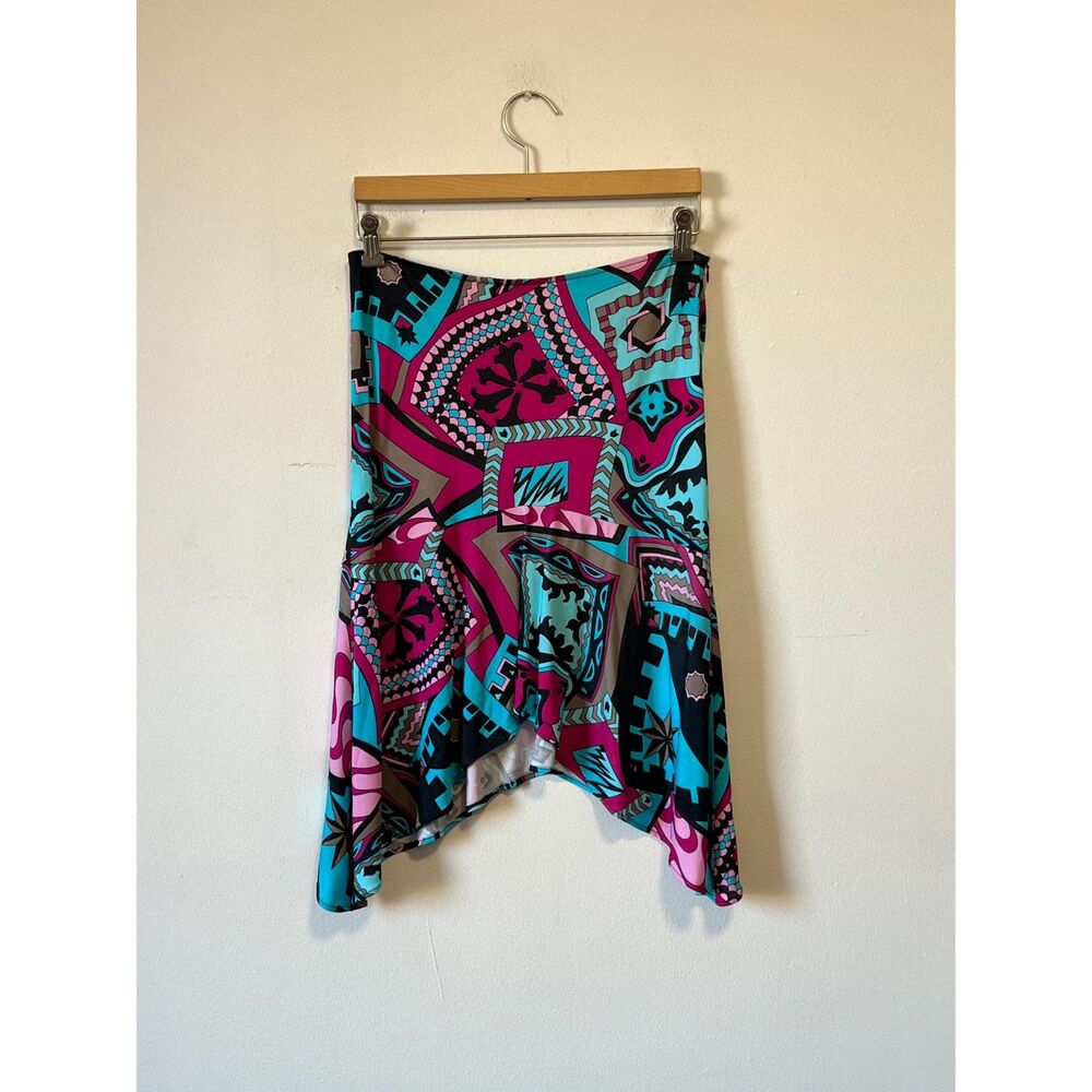 Abstract Geometric Print Asymmetrical Hem Midi Skirt Yigal Y2K Pink Blue 29"